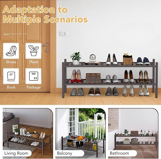 Haddockway Long 2 Tier Bamboo Shoe Rack Storage Organizer, Multifunctional Free Standing Stackable Shoe Shelf with Grid Panel for Closet,Hallway,Entryway,Small Space 34.2"x11"x13"
