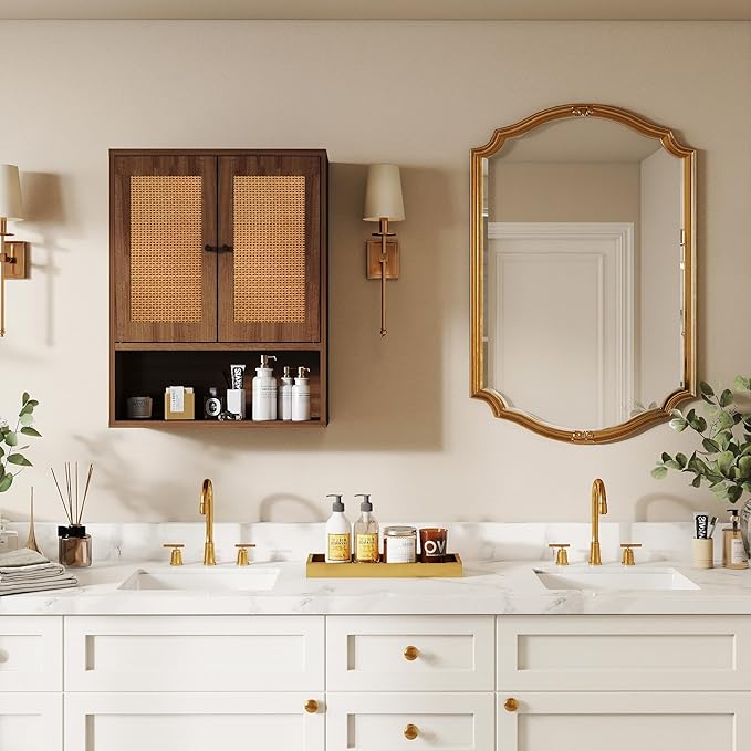 Bathroom Storage Cabinet,Rattan Cabinet Boho Chic Medicine Cabinet Over The Toilet Storage 3-Tier Cabinet Wall Mount with Double-Door for Kitchen,Dining Room,Living Room 19 x 7.68 x 24 in
