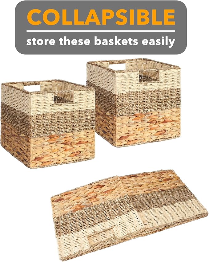 SpaceAid 4 Pack 3 Pattern Design Wicker Basket, Baskets for Organizing, Storage Rattan Basket with Handles for Shelves, Woven Cube Storage Bin Organizer, 12x12x12 inch, Natural