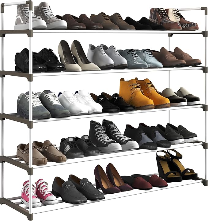 Home-Complete Shoe Rack – 5-Tier Shoe Organizer for Closet, Bathroom, Entryway – Shelf Holds 25 Pairs of Sneakers, Heels, and Boots (White)