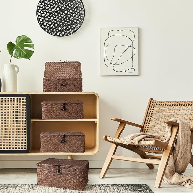 Woanger Set of 4 Wicker Storage Baskets Organizer,Handwoven Storage Bins with Lid for Organizing, Home Utility Box for Home Office Supplies Multipurpose Container(Coffee)