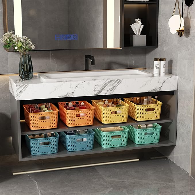 Plastic Storage Basket for Organizing 12 Pack Small Colored Storage Bins Container for Shelves, Colorful Shelf Baskets with Handles for Organization