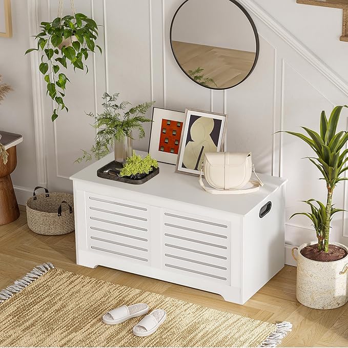 DINZI LVJ Storage Chest, 39.4âWooden Toy Box with 2 Safety Hinges, Retro Entryway Shoe Storage Bench with Flip-Top, Sturdy Large Storage Trunk for Living Room, Bedroom, Easy Assembly, White