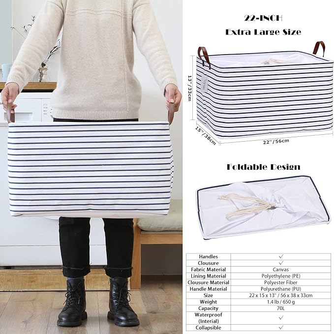 Hinwo 70L Extra Large Storage Bins, 2-Pack Closet Organizers and Storage, Foldable Clothes Storage Baskets with Handles, Containers for Clothing, Blanket, Comforters, Toys, Bedding (Black Stripe)