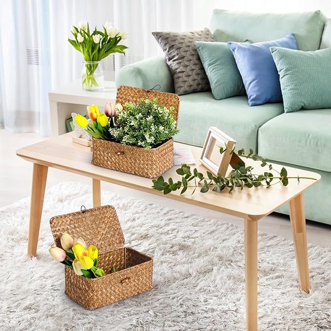 Decorative Storage Basket with Lid Set of 3,Woven Seagrass Storage Bins for Shelves for Organizing, Rectangular Baskets for Decoration, Picnic, Groceries and Toy Storage