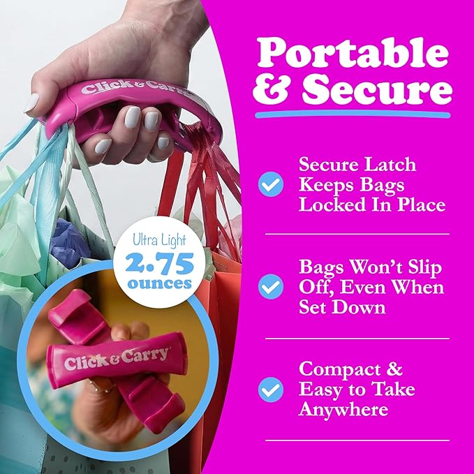 Click & Carry Grocery Bag Carrier Handle - Carry More in Fewer Trips, 100lb Capacity, Hands-Free, Gel-Padded Ergonomic Design, Shopping & Grocery Bag Holder - As Seen On Shark Tank, Fuchsia, 1 Pack