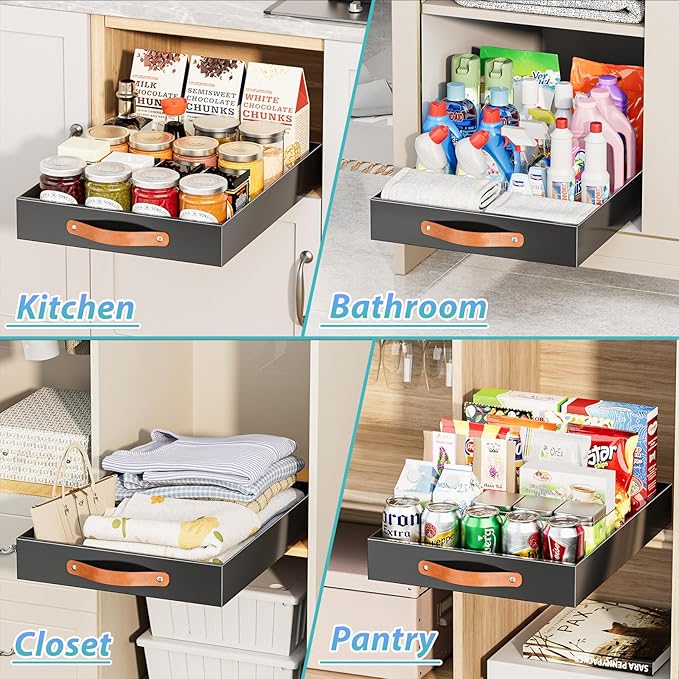 OVICAR Pull Out Cabinet Organizer - Adhesive Slide Out Drawer - 13.8" W x 16.3" D Heavy Duty Sliding Pantry Shelves Storage Drawers with 4pcs Divider Racks for Kitchen Bathroom Home, Black
