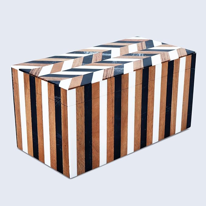 Handicrafts Home Large Decorative Storage Box with Lid Wooden Memory Box Keepsake Storage Box Photo Storage Box – Natural Wood Resin Inlay Marquet Cosmo Collection- 10x5x5