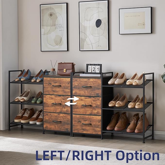 Somdot Shoe Rack, 3 Tier Shoe Organizer with 3 Drawers, Metal Shoe Storage Shelf for 6-9 Pairs of Shoes, Narrow Shoe Rack for entryway, Wood Grain Print
