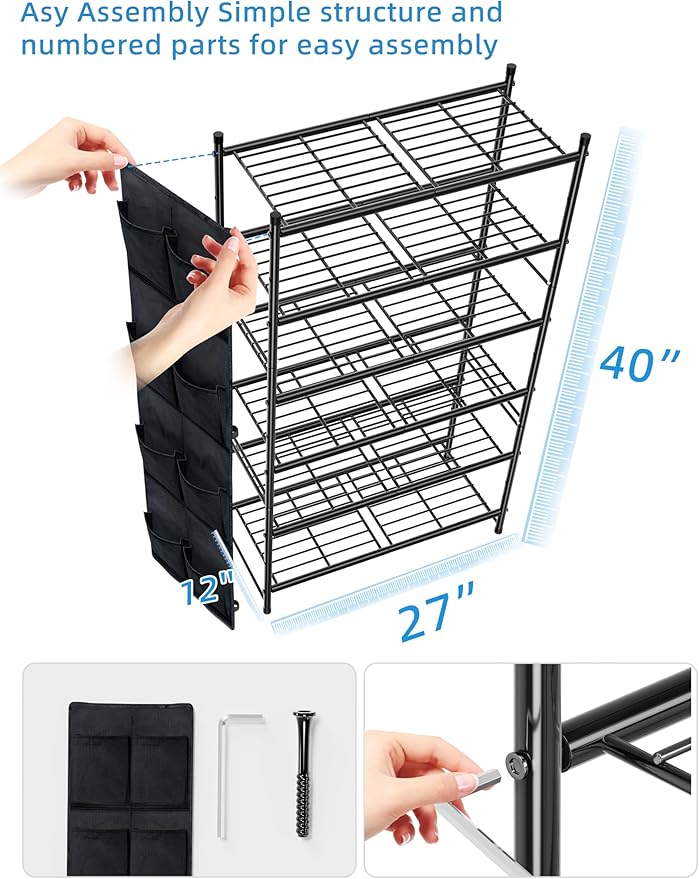 6 Tier 27" Shoe Organizer Rack for Closet Metal, Black