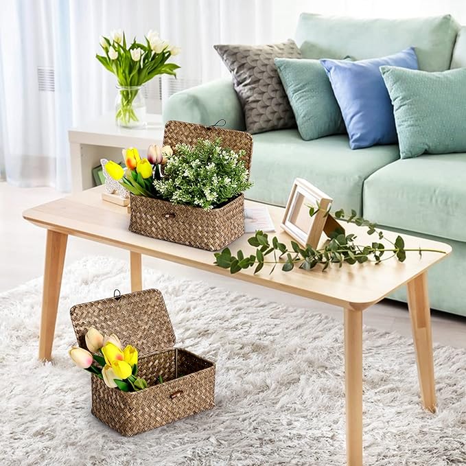 Natural Seagrass Storage Baskets with Lid,Multipurpose Home Organizer Bins Boxes for Shelf Organizer,Decorative Storage Bins