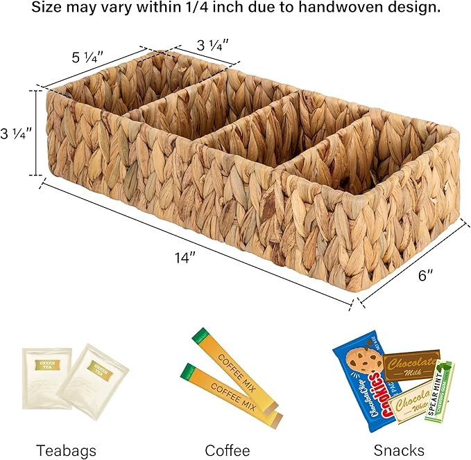 StorageWorks Small Wicker Basket for Organizing with 4-Section, Natural Water Hyacinth Storage Baskets with Dividers for Pantry Shelves, 2-Pack