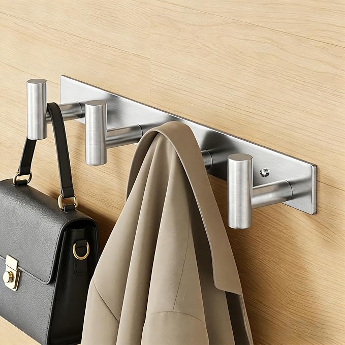 HUFEEOH T-Shaped Stainless Steel Coat Rack Wall Mount - 4 Heavy Duty Hooks for Bathroom, Mudroom Entryway, Durable Purse Hanger & Towel Rack