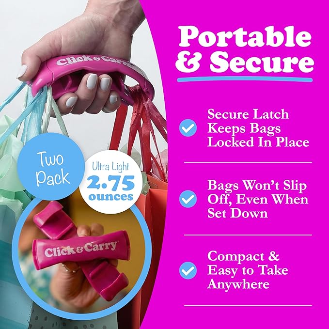 Click & Carry Grocery Bag Carrier Handle - Carry More in Fewer Trips, 100lb Capacity, Hands-Free, Gel-Padded Ergonomic Design, Shopping & Grocery Bag Holder - As Seen On Shark Tank, Fuchsia, 2 Pack