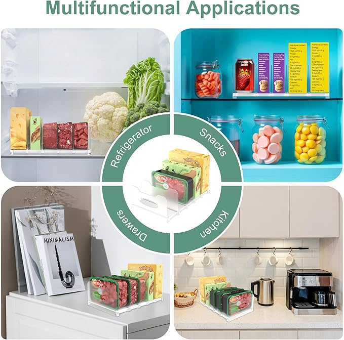 Freezer Organizer 12” Visible Fridge Organizer Rack with Removable Dividers and Handles, Freely Adjustable, Fits Refrigerator Frozen Meals, Lunch Meat Box, Cheeses(White)