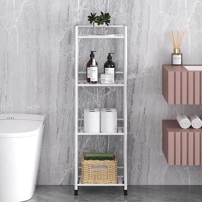 TZAMLI 4 Tier Shelving Unit, Freestanding Bathroom Storage Shelves, Metal Heavy Duty Storage Rack Shelf for Small Space Kitchen Balcony Office, White