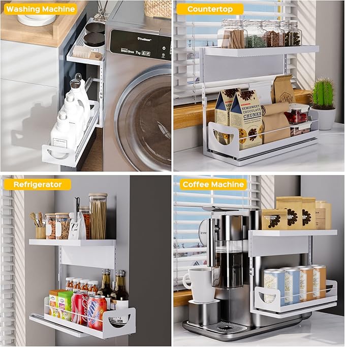 2 Tier Magnetic Storage Shelf with Pull Out Drawer, Height Adjustable Magnetic Organizer for Washing Machine & Fridge Side, No Drill Magnetic Rack for Laundry Room, Kitchen Storage (White)