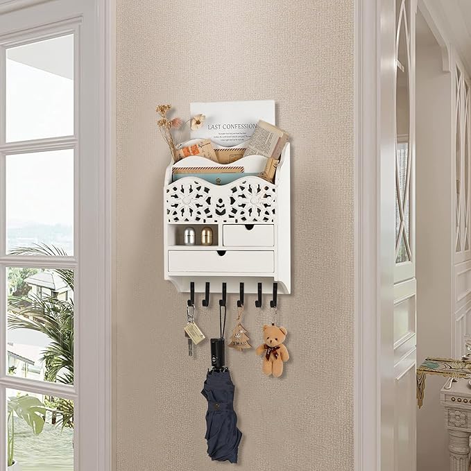 3-Slot Mail Sorter Organizer Wall Mount with 6 Hooks, Key Holder for Wall Decorative with 2 Drawer, Key Rack Hanger for Home Coat/Letter/Magazines/Dog Leash/Entryway/Room Decor