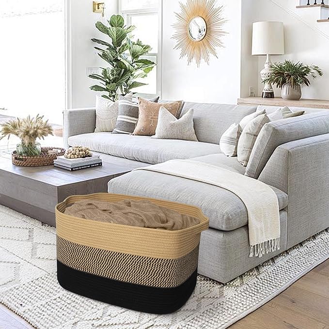 Extra Large Blanket Basket, 23.6"x15.7"x14.1" Woven Blanket Storage for Living Room, Oversized Wicker Floor Basket, Big Cotton Rope Kids Dog Toy Bin Box, Decorative Rectangle Pillow Holder