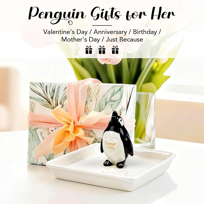 PUDDING CABIN Penguin Gifts for Women, Ring Holder Jewelry Tray, Penguin Figurine Forever Lover Anniversary Wedding Birthday Mothers Day Gifts for Girlfriend Wife Fiancée Daughter Mom