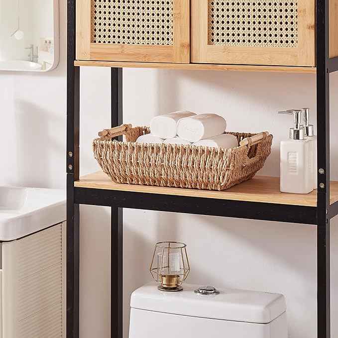 OIAHOMY Storage Baskets, Small Paper Rope Wicker Organizers with Wooden Handles, Baskets for Organizing, 2-Pack, Yellow