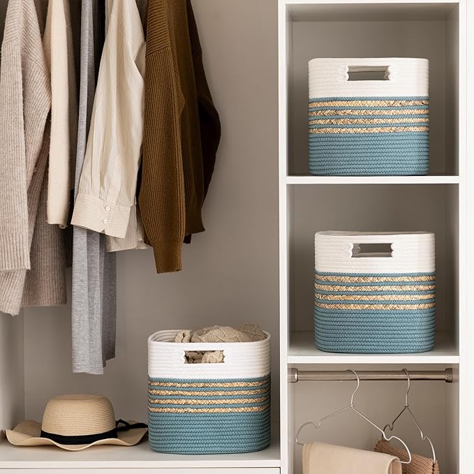 UBBCARE Set of 3 Storage Cubes 11 X 10.5 X 10.5 in, Water Hyacinth Storage Bins for Shelves, Toys, Book, Storage Baskets with Handles, Cotton Rope Woven Baskets for Organizing, Light Blue