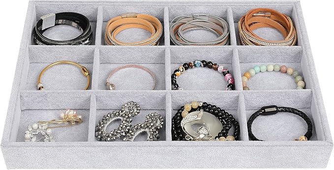 Emibele Bracelets Organizer Jewelry Tray, 12 Grids Velvet Tray Storage for Watches Rings Earrings, Stackable Jewelry Drawer Organizer Showcase Display Trays with Detachable Inner Dividers, Grey