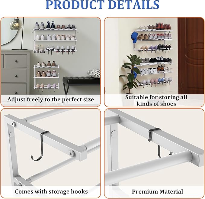Wall Mounted Shoe Rack, 3 Tier Hanging Shoe Rack Holds 12 Pairs, 17"-30" Adjustable Heavy Duty Metal Shoe Organizer Holder with 2 Storage Hooks, Space Saving for Closet Entryway Doorway(White