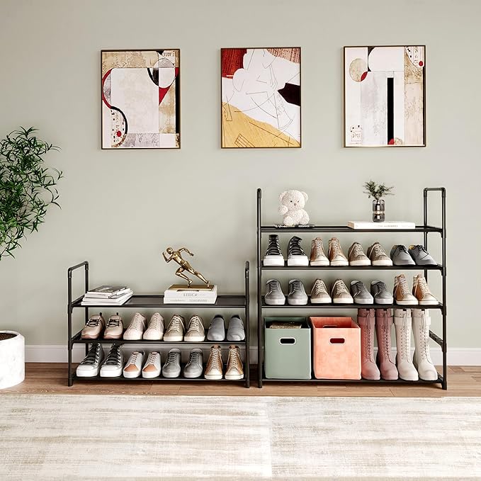 3-Tier Shoe Rack, Stores 12-15 Pairs of Shoes, Stackable & Adjustable, Space Saving Shelf Storage Organizer for Entryway, Hallway and Closet,Black