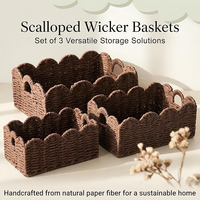 Scalloped Wicker Baskets, Set of 3 Hand-Woven Storage Baskets with Handles - Paper Rope Shelf Organizers & Decorative Baskets for Shelves, Closet, Bathroom (Brownï¼