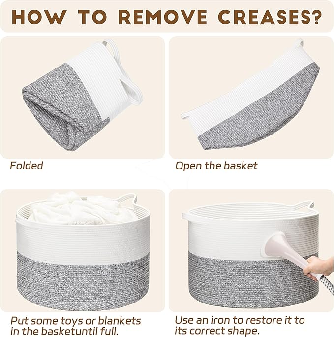 XXXLarge Woven Cotton Rope Basket (21.7" x 13.8") 90L – Blanket Basket for Living Room, Laundry Hamper, Baby Laundry Hamper, Toy Storage, Pillows & Cushions Organizer (White&Grey)