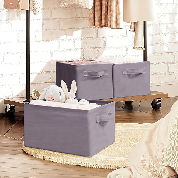 Storage Basket Bins with Metal Frame, Large Collapsible Fabric Storage Baskets for Organizing Shelf, Basket Organizer W/Handles for Blankets, Towels, Laundry, Shelves, 3-Pack, Gray