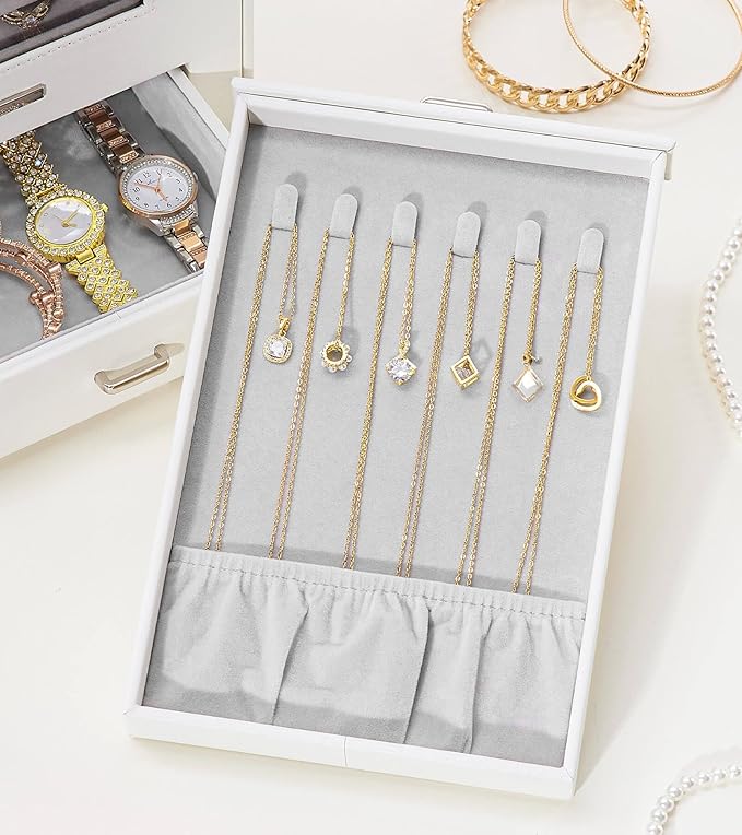 Homde Jewelry Organizer with Transparent Window Necklace Hooks Gift for Women Jewelry Box Display Case for Necklaces Rings Earrings Bracelets and Other Jewelry Accessories (White)