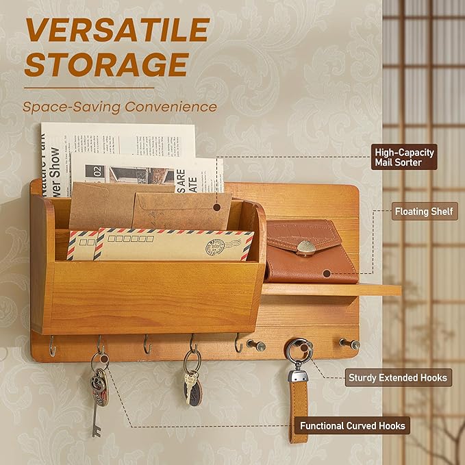 Rebee Vision Pine Wood Farmhouse Key Holder Wall Mount - Key Holder for Wall with Mail Slot Can Store Letters and 8 Hooks for hat Organizer - Ideal for Entryway Home Storage and Home Decor (Yellow)