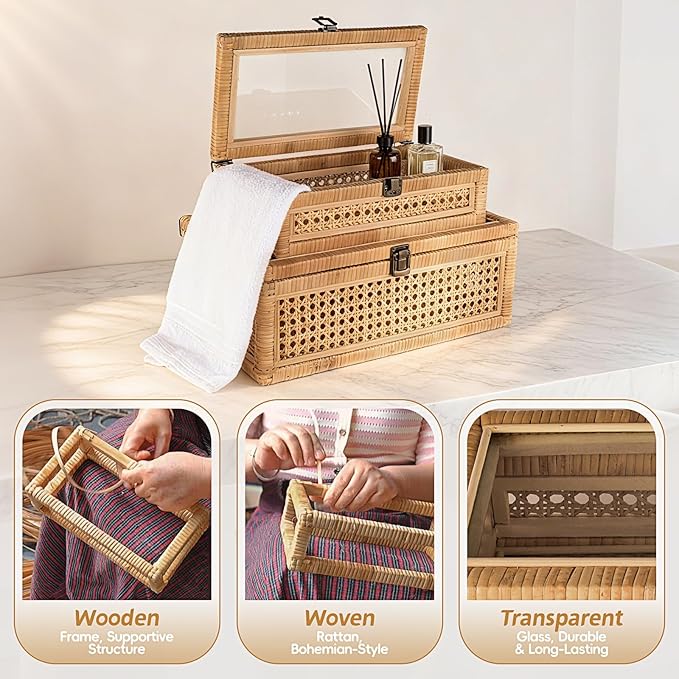 Large Decorative Box Lid Display, Large Keepsake Memory Storage Box, Decorative Box Hinged Lid Woven Rattan Jewelry Box with Glass Boho Vintage Decor Craft Organizer. Rattan