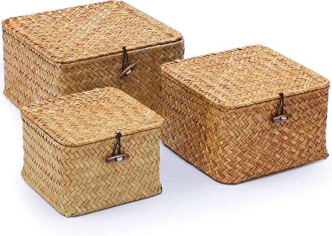 Wicker Storage Box with Lid, Handwoven Baskets for Storage, Square Decorative Baskets Bins Container for Shelf Organizing Home, Set of 3, Natural