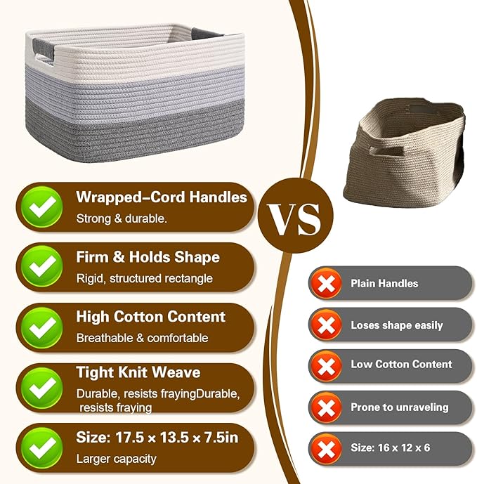 2 Pack Large Storage Basket for Organizing, 17.5"x13.5"x7.5" Woven Basket for Shelves, Closet Cube Storage Bins with Wrapped Handle, Cotton Rope Baskets for Kitchen, Clothes, Toys(Gradient Grey)