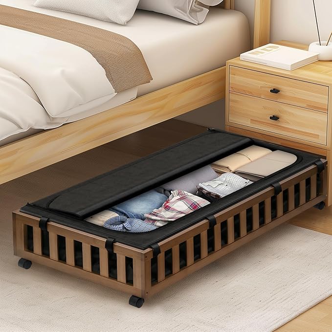 2 Pack Bamboo Under Bed Storage with Wheels, 39âx20âx7.8â Lager Under Bed Storage Containers (Brown)