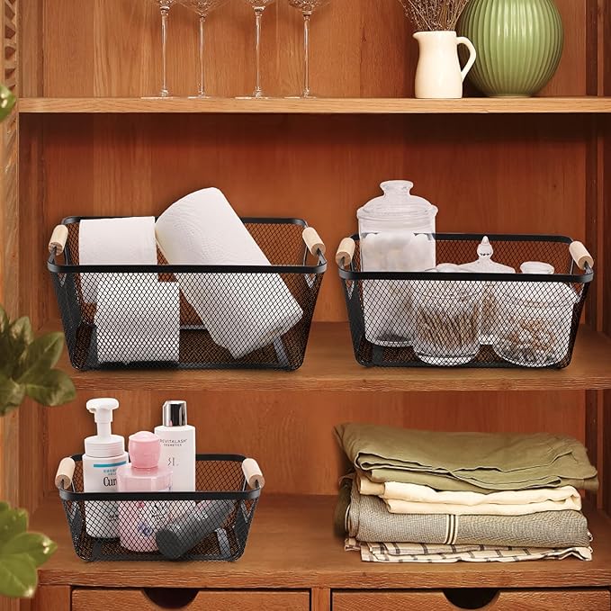 3 Pack Metal Mesh Basket with Wooden Handle, Farmhouse Wire Steel Storage Bins, Rectangle Fruit Vegetable Organizer Containers for Home Cabinet Pantry Kitchen Decor, Snack Gift (Black, 3 Size)