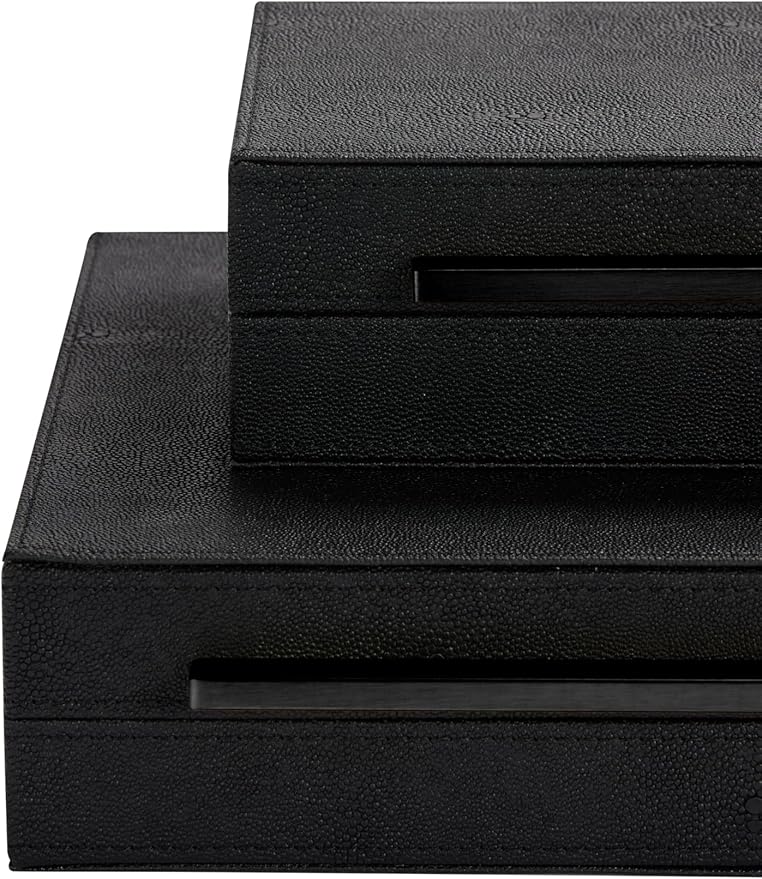 Set of 2 Decorative Boxes With Black Metal Handlesï¼PU Faux Leather Jewelry Boxes Modern Storgage Boxes With Lids Keepsake And Memory Boxes,Home Organizer Box (Black-Black, 2pack)