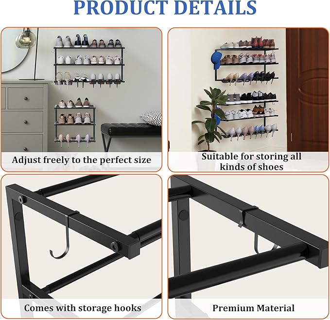 3 Pack Wall Mounted Shoe Rack, 3 Tier Hanging Shoe Rack Holds 36 Pairs, 17"-30"Adjustable Heavy Duty Metal Shoe Organizer Holder with 6 Storage Hooks, Space Saving for Closet Entryway Doorway(Black)