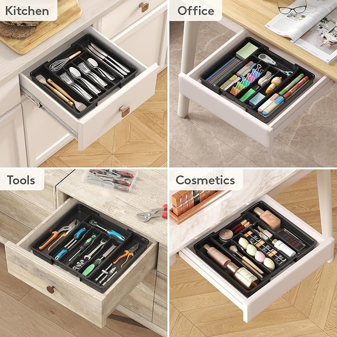 Lifewit Silverware Drawer Organizer, Expandable Utensil Tray for Kitchen, BPA Free Flatware and Cutlery Holder, Adjustable Plastic Storage for Spoons Forks Knives, 8.5-14 x 12", Black
