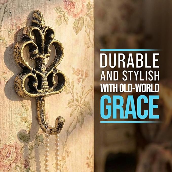 Comfify Shabby Chic Decorative Wall Hooks - Set of 3 - Cast Iron French Country Wall Decor - Farmhouse Hangers for Coats, Purses and More - Gold with Black