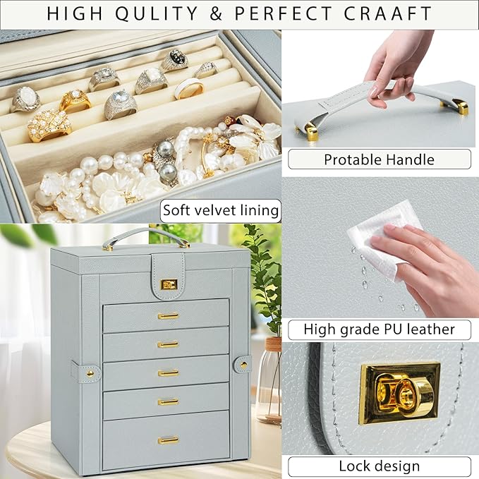 AKOZLIN Large Jewelry Box Organizer Functional with Big Mirror, Leather Jewelry Storage Case for Women Girls Ring Necklace Earring Bracelet Holder Organizer Grey