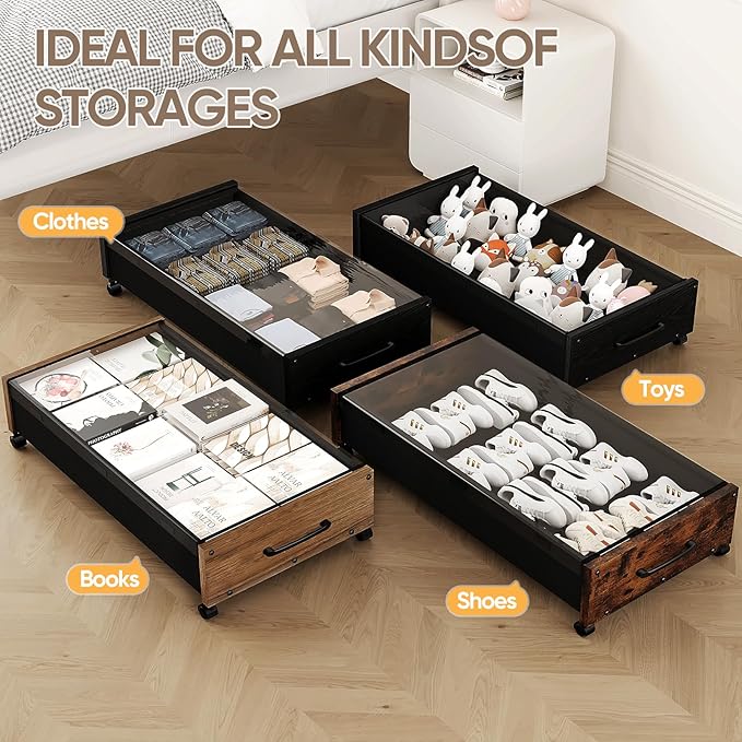 KITHELP Under Bed Storage with Wheels, Wooden Under Bed Drawers 2 Packs, Rolling Underbed Storage Containers Organizer with Handle Removable Lid, Heavy Duty Metal Frame for Clothes Shoe Books(Black)