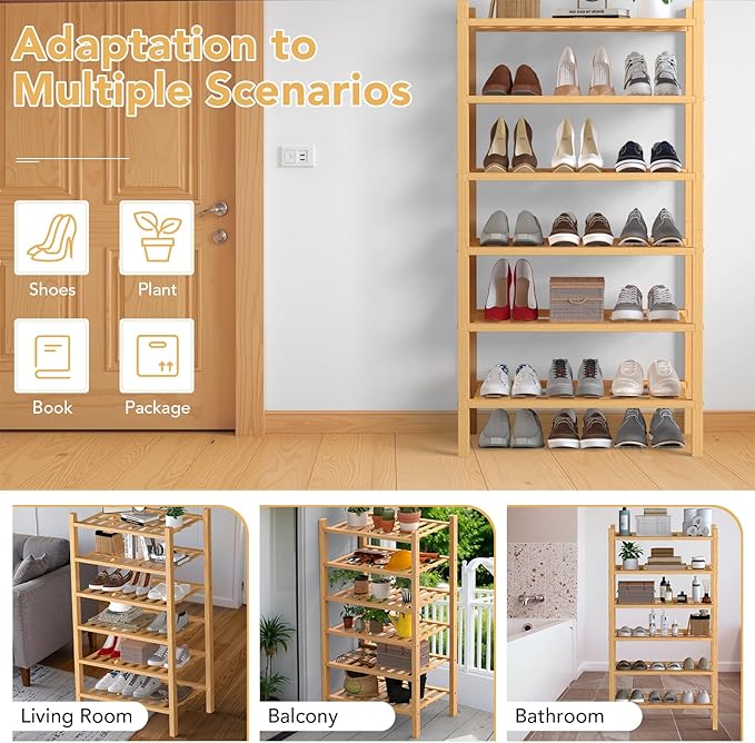 Haddockway Small 6 Tier Bamboo Shoe Rack Storage Organizer,Multifunctional Free Standing Stackable Shoe Shelf with Grid Panel for Closet,Hallway,Entryway,Small Space 18"x11"x34"