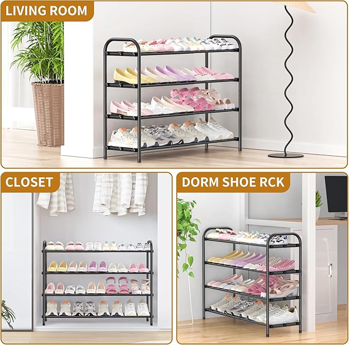 4-Tier Expandable Shoe Rack for Entryway,Adjustable Metal Shoe Organizer for Closet,Living Room,Dorm,Black