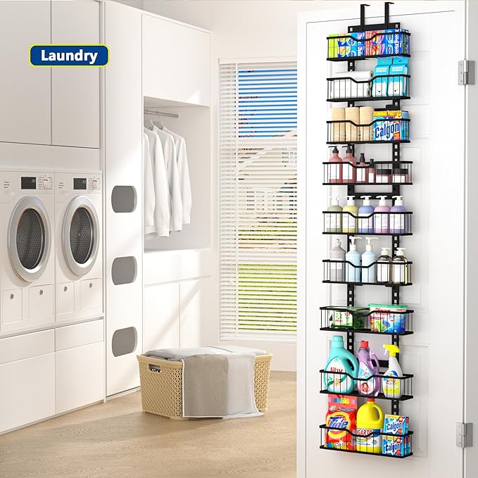 EVERIE 9-Tier Over Door Storage Rack, Metal Hanging Organizer with Bigger Hanging Slots and Heightened Baskets, Kitchen Bathroom Living Room Dining Room Pantry Shelves (Black, 9 Tier)