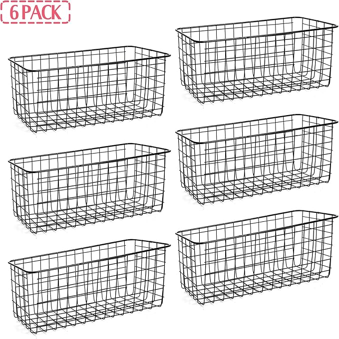 6 Pack Wire Storage Baskets Household Metal Wall-Mounted Containers Organizer Bins for Kitchen Bathroom Freezer Pantry Closet Laundry Room Cabinets Garage Shelf, Large