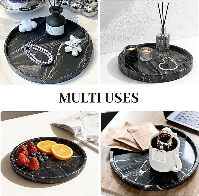 Natural Marble Tray, Round Black Tray for Bedroom/Bathroom/Kitchen/Vanity Countertop, Jewelry Tray for Rings Earrings Necklace Bracelet Watch, Room Decor Aesthetic